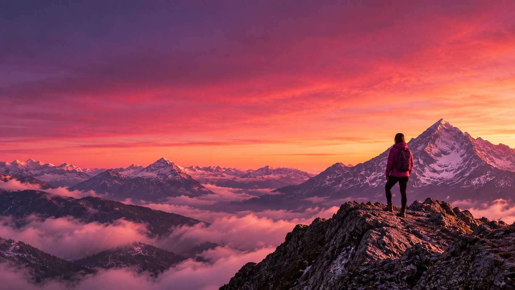 A woman standing on a mountain summit at sunset